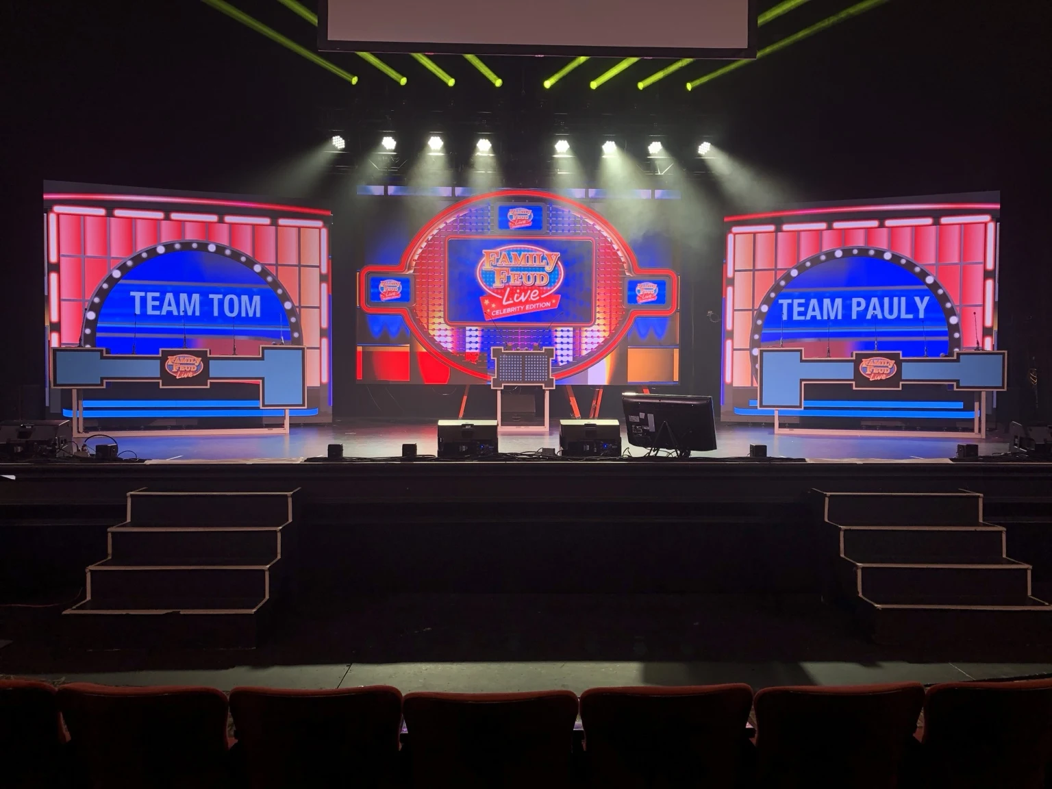 Fully lit Family Feud LIVE stage ready for the audience and show