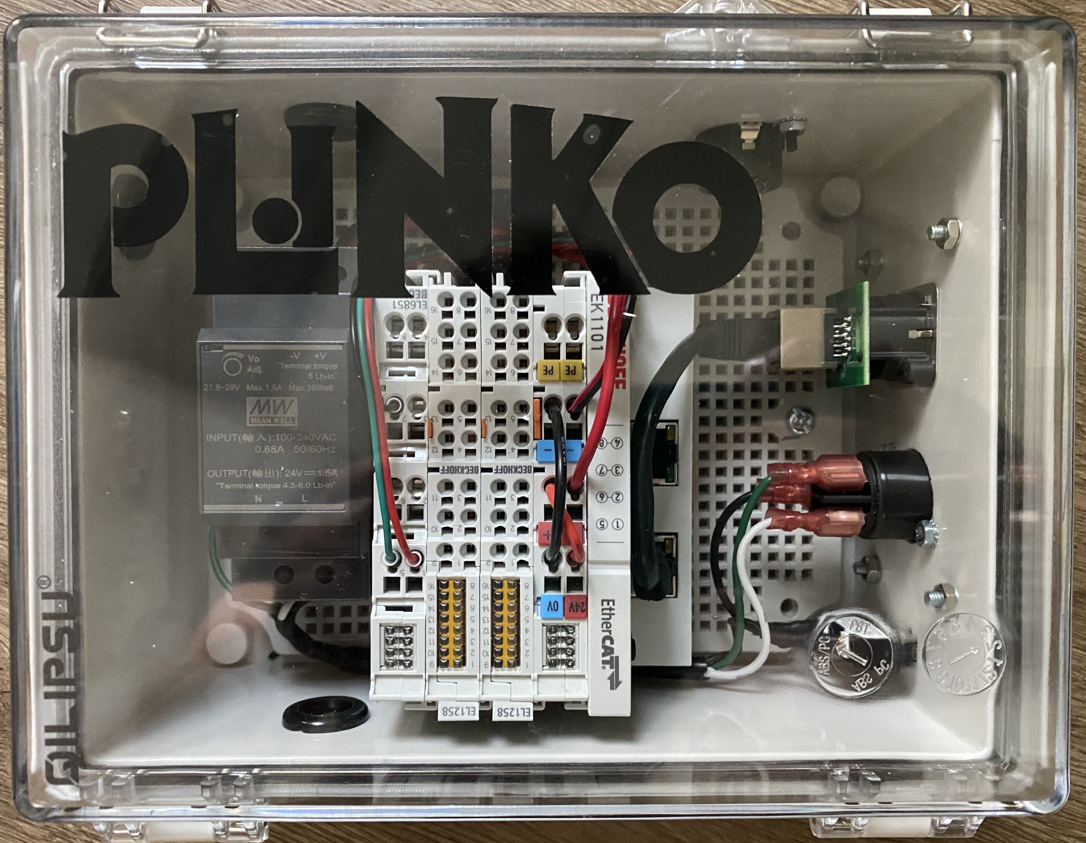Plinko control enclosure with Beckhoff EtherCAT I/O terminals and power supply