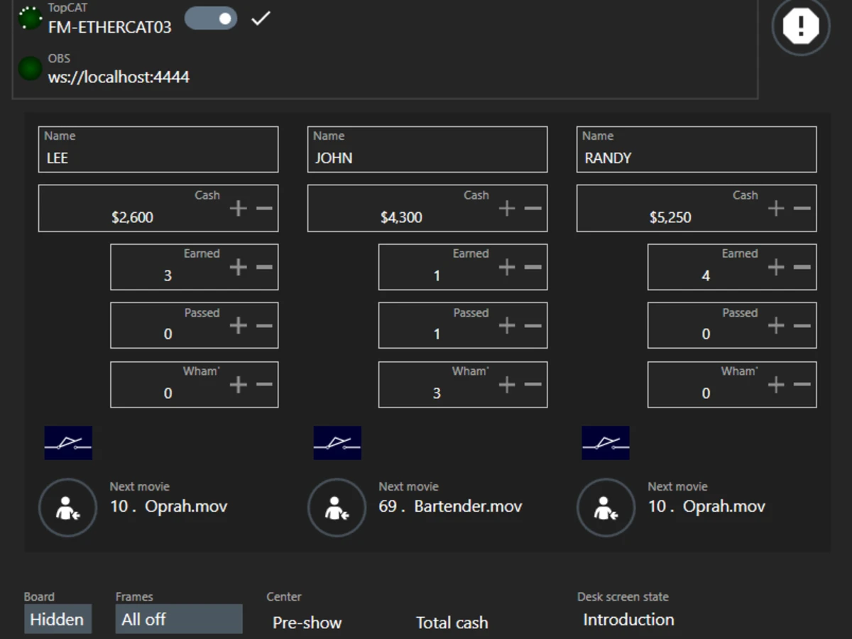 Press Your Luck game-control software showing contestant cash, spins, Whammies, and board states