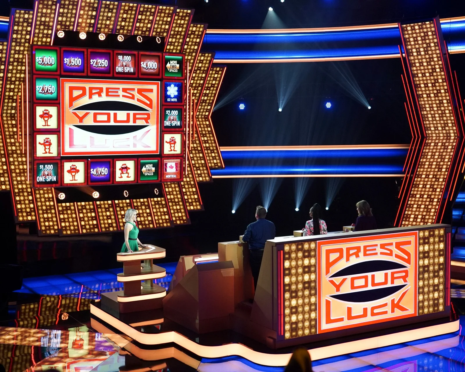 Press Your Luck production set with the Big Board, host podium, and contestant positions