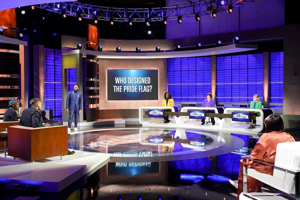 To Tell the Truth production set with contestant stations and stage backdrop